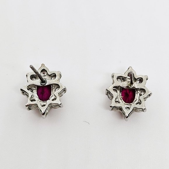 Simulated Ruby Red/White Oval Stud Earrings - Picture 8 of 12